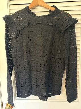 Black Crochet Lace Ruffle-Shoulder Blouse
